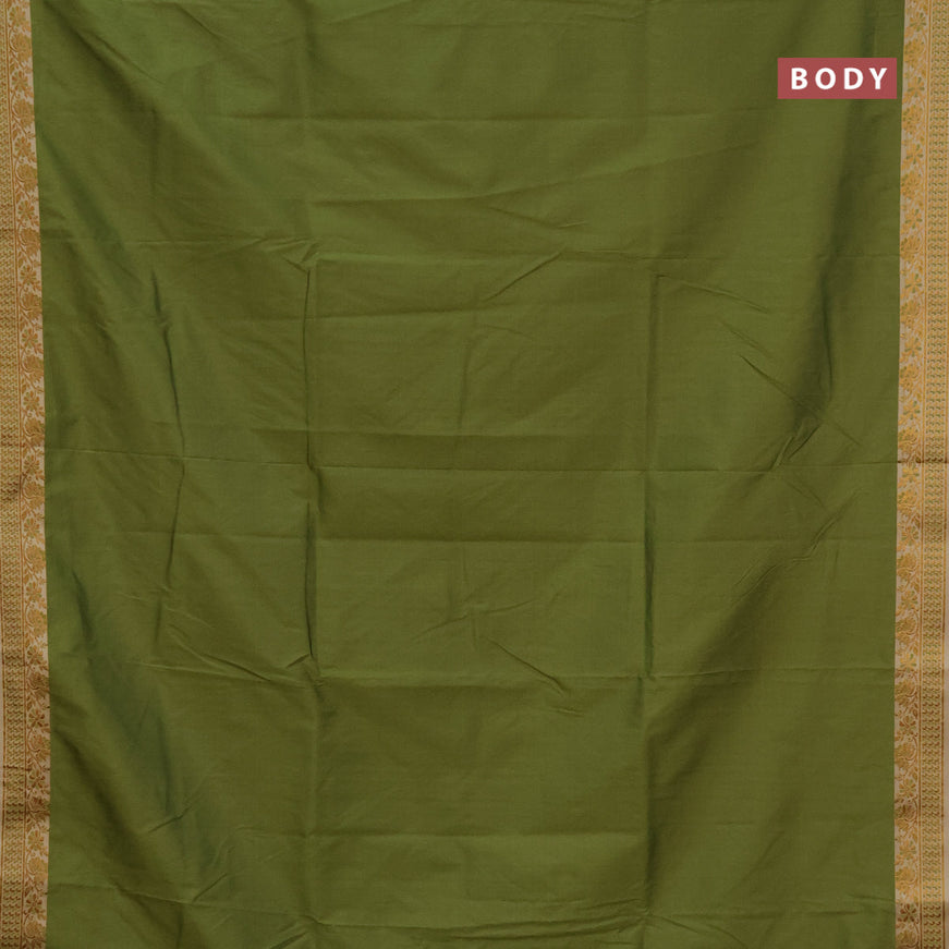 Semi banarasi katan saree mehendi green and beige with plain body and zari woven border