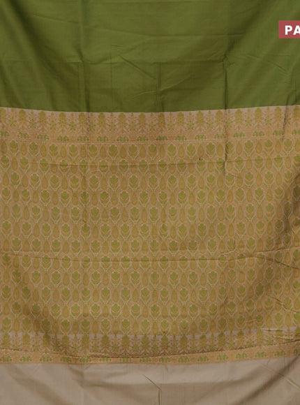 Semi banarasi katan saree mehendi green and beige with plain body and zari woven border