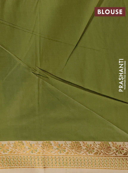 Semi banarasi katan saree mehendi green and beige with plain body and zari woven border