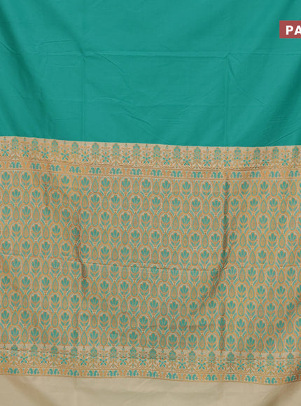 Semi banarasi katan saree teal blue and beige with plain body and zari woven border