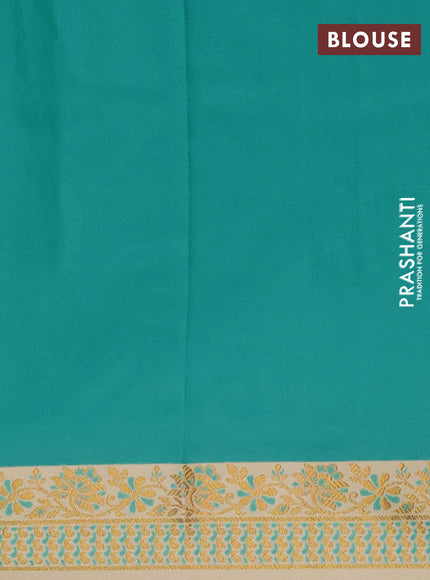 Semi banarasi katan saree teal blue and beige with plain body and zari woven border