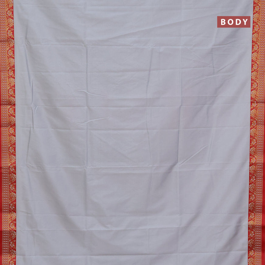 Semi banarasi katan saree pastel grey and red with plain body and zari woven border