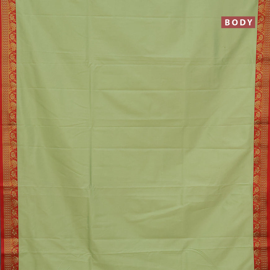 Semi banarasi katan saree pista green and red with plain body and zari woven border