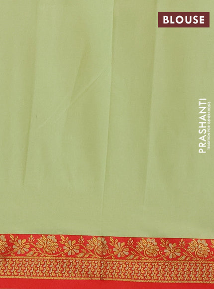 Semi banarasi katan saree pista green and red with plain body and zari woven border