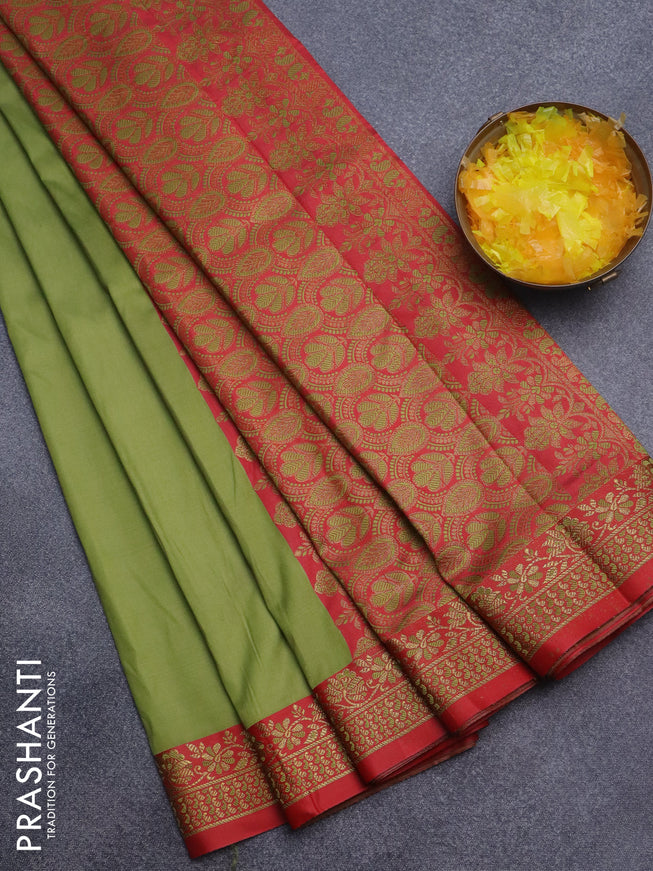 Semi banarasi katan saree mehendi green and red with plain body and zari woven border