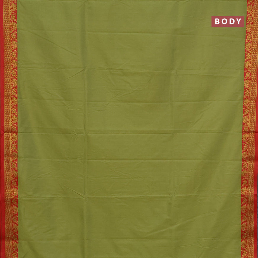 Semi banarasi katan saree mehendi green and red with plain body and zari woven border