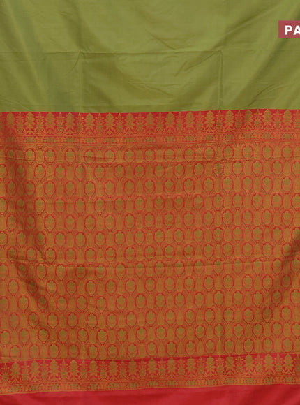 Semi banarasi katan saree mehendi green and red with plain body and zari woven border