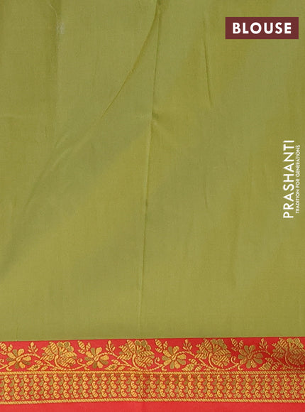 Semi banarasi katan saree mehendi green and red with plain body and zari woven border