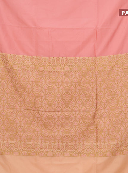 Semi banarasi katan saree mild peach and beige with plain body and zari woven border