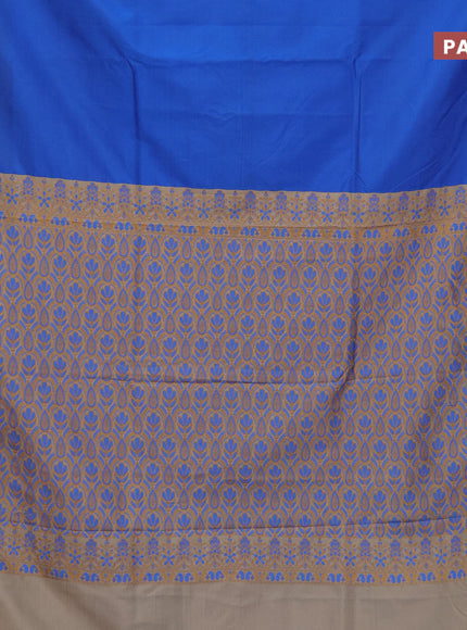 Semi banarasi katan saree cs blue and beige with plain body and zari woven border