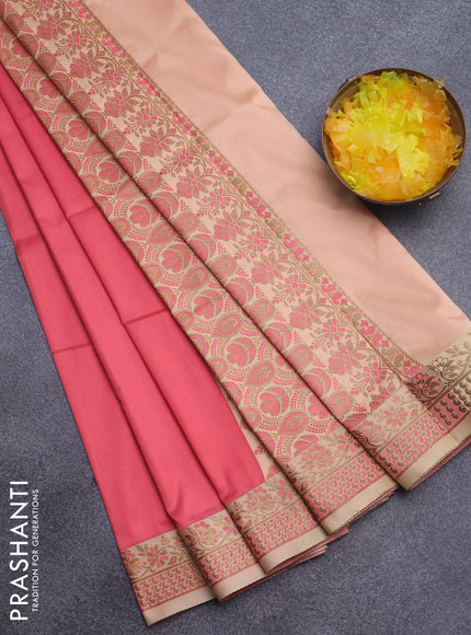 Semi banarasi katan saree peach pink and sandal with plain body and zari woven border