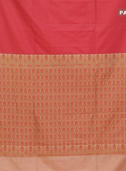 Semi banarasi katan saree peach pink and sandal with plain body and zari woven border