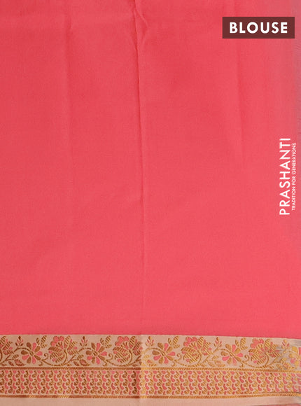 Semi banarasi katan saree peach pink and sandal with plain body and zari woven border