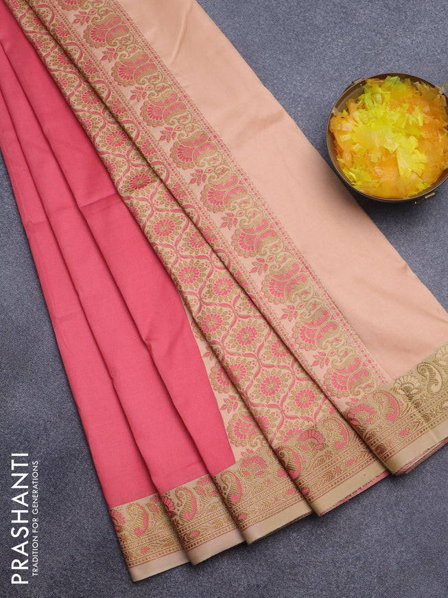 Semi banarasi katan saree candy pink and sandal with plain body and thread & zari woven border