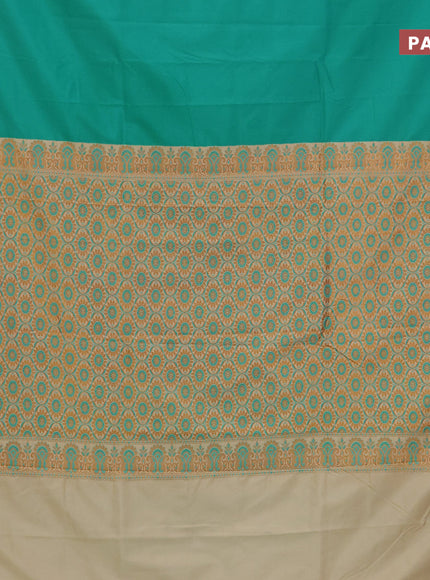 Semi banarasi katan saree teal green and sandal with plain body and thread & zari woven border