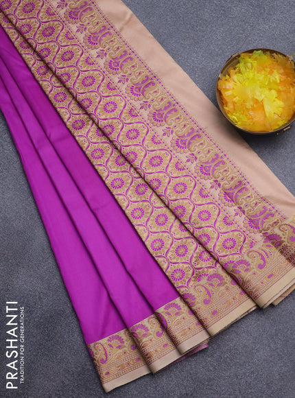 Semi banarasi katan saree purple and sandal with plain body and thread & zari woven border