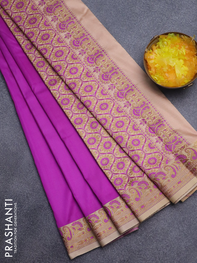 Semi banarasi katan saree purple and sandal with plain body and thread & zari woven border