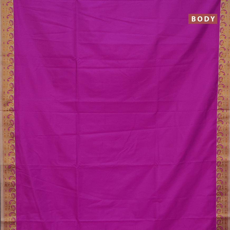 Semi banarasi katan saree purple and sandal with plain body and thread & zari woven border