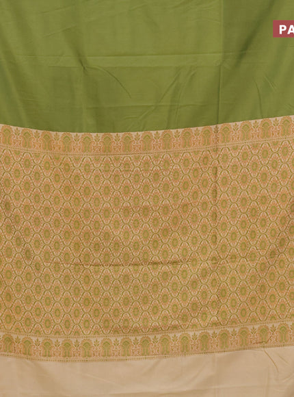 Semi banarasi katan saree mehendi green and cream with plain body and thread & zari woven border