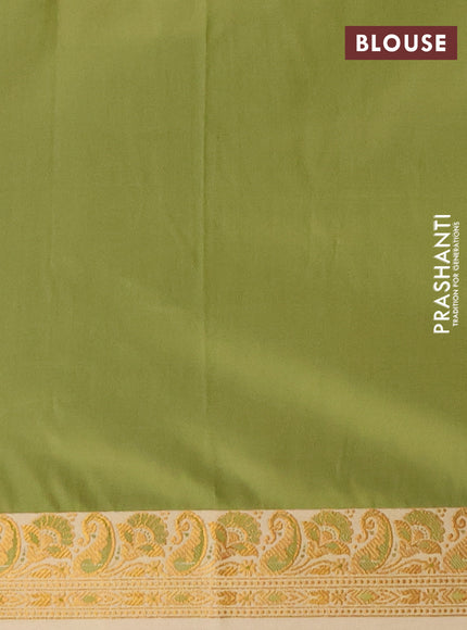 Semi banarasi katan saree mehendi green and cream with plain body and thread & zari woven border