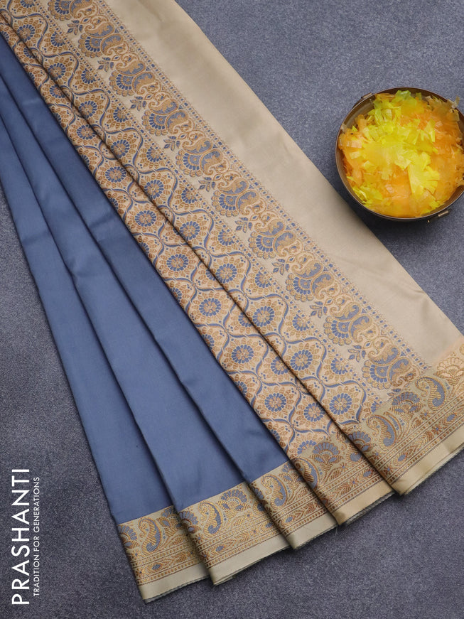 Semi banarasi katan saree grey and cream with plain body and thread & zari woven border