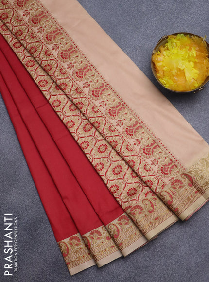 Semi banarasi katan saree red and sandal with plain body and thread & zari woven border