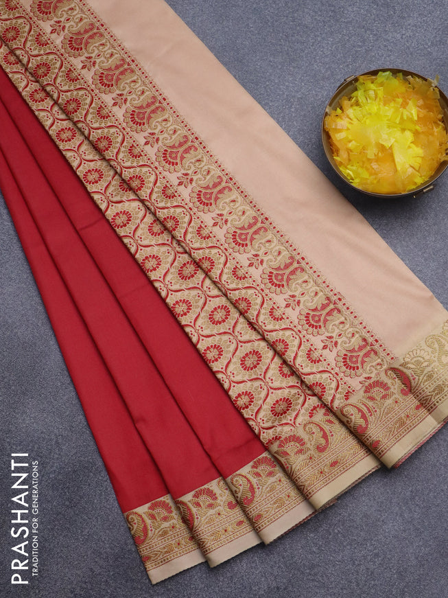 Semi banarasi katan saree red and sandal with plain body and thread & zari woven border