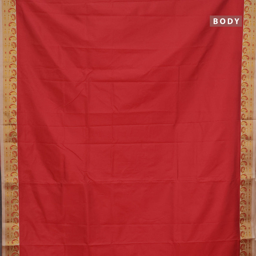 Semi banarasi katan saree red and sandal with plain body and thread & zari woven border