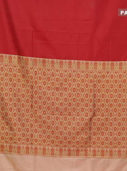 Semi banarasi katan saree red and sandal with plain body and thread & zari woven border