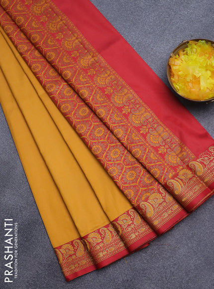 Semi banarasi katan saree mango yellow and red with plain body and thread & zari woven border