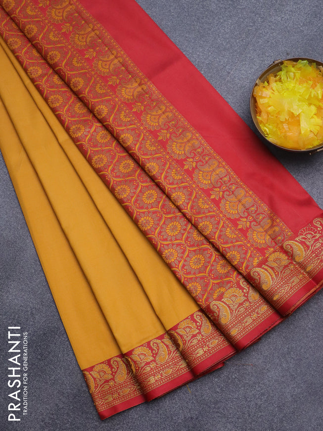 Semi banarasi katan saree mango yellow and red with plain body and thread & zari woven border