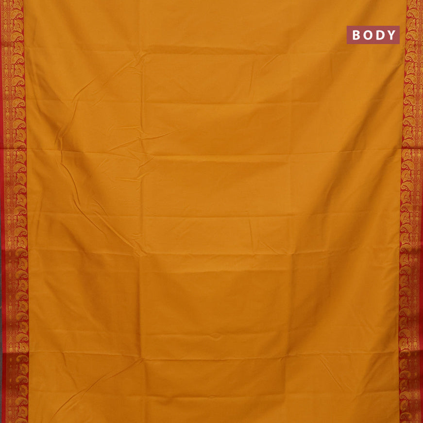 Semi banarasi katan saree mango yellow and red with plain body and thread & zari woven border