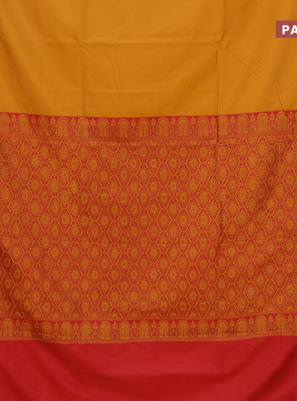 Semi banarasi katan saree mango yellow and red with plain body and thread & zari woven border