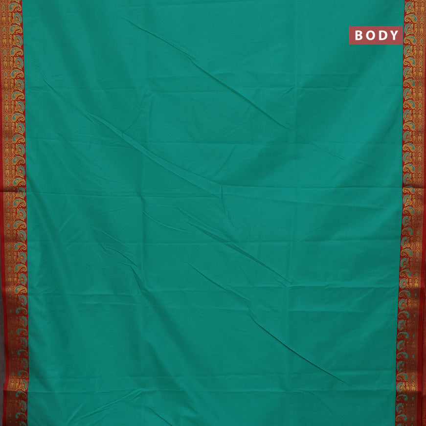 Semi banarasi katan saree teal green and red with plain body and thread & zari woven border