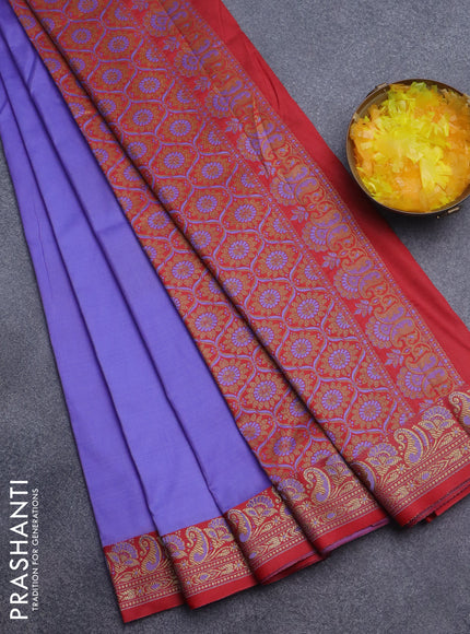 Semi banarasi katan saree lavender shade and red with plain body and thread & zari woven border