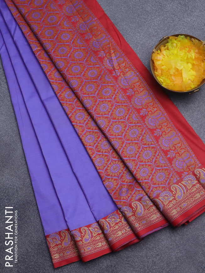 Semi banarasi katan saree lavender shade and red with plain body and thread & zari woven border