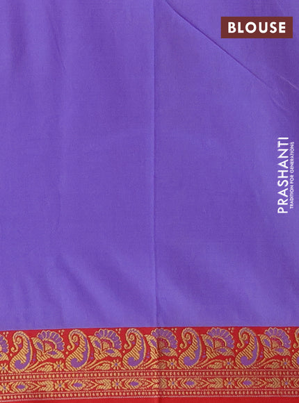 Semi banarasi katan saree lavender shade and red with plain body and thread & zari woven border