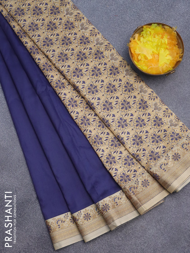 Semi banarasi katan saree blue and sandal with plain body and zari woven border