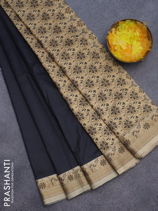 Semi banarasi katan saree black and sandal with plain body and zari woven border