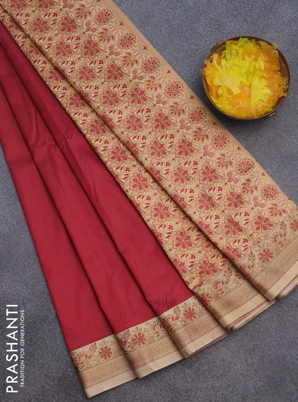 Semi banarasi katan saree maroon and sandal with plain body and zari woven border