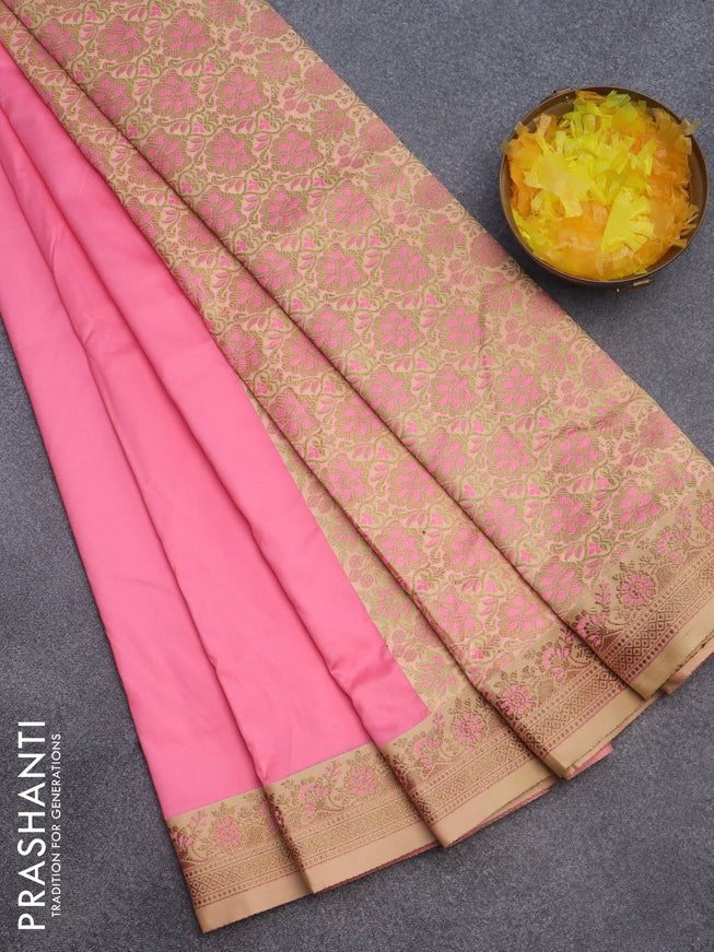 Semi banarasi katan saree candy pink and sandal with plain body and zari woven border