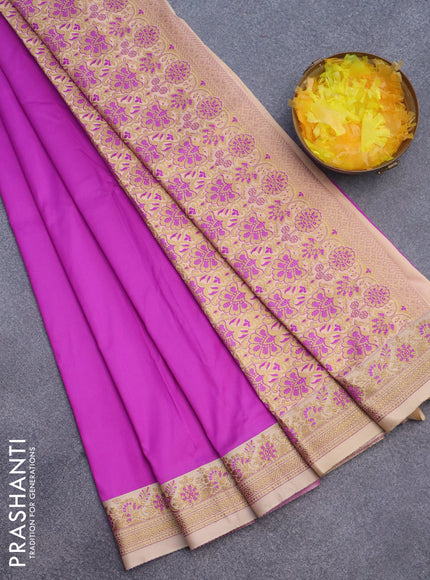 Semi banarasi katan saree purple and sandal with plain body and zari woven border