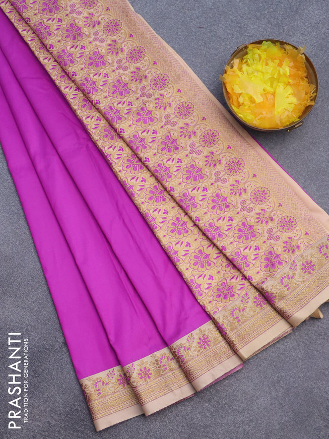 Semi banarasi katan saree purple and sandal with plain body and zari woven border