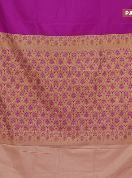 Semi banarasi katan saree purple and sandal with plain body and zari woven border