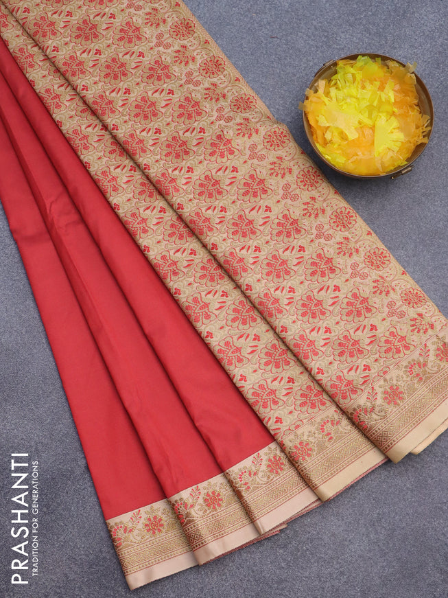 Semi banarasi katan saree red and sandal with plain body and zari woven border