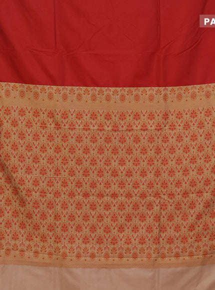 Semi banarasi katan saree red and sandal with plain body and zari woven border