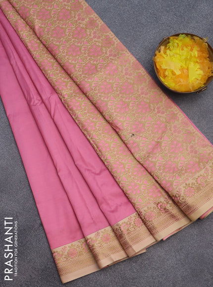 Semi banarasi katan saree pink and sandal with plain body and zari woven border