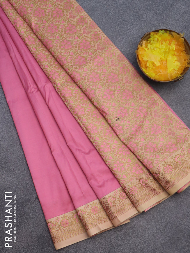 Semi banarasi katan saree pink and sandal with plain body and zari woven border