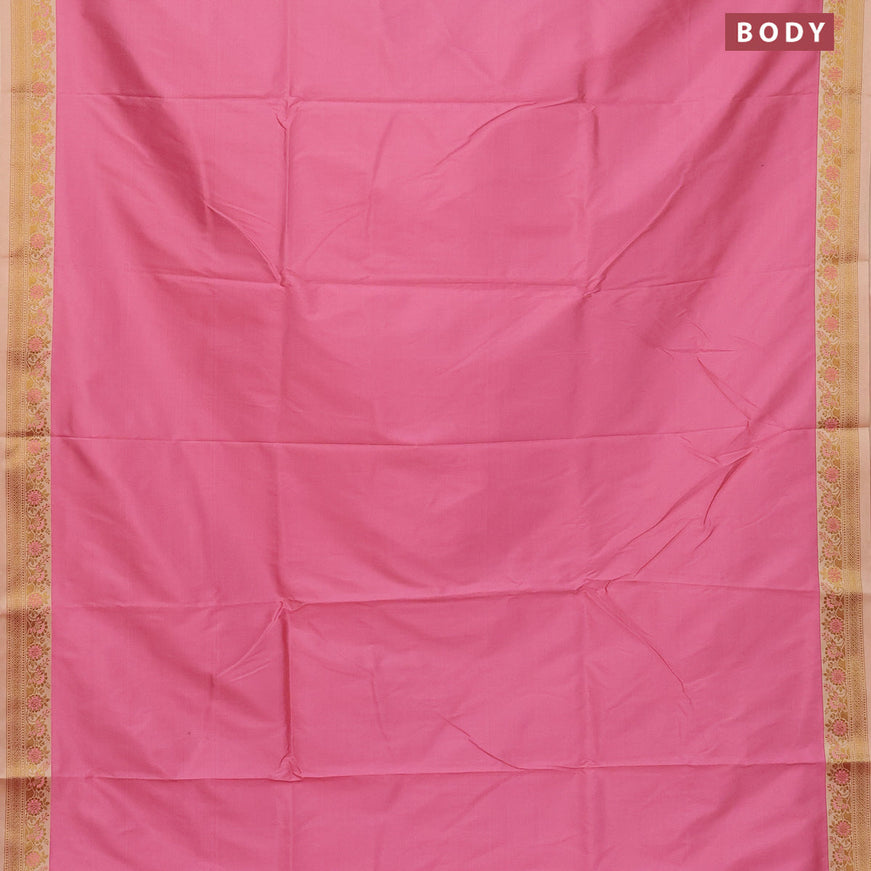 Semi banarasi katan saree pink and sandal with plain body and zari woven border