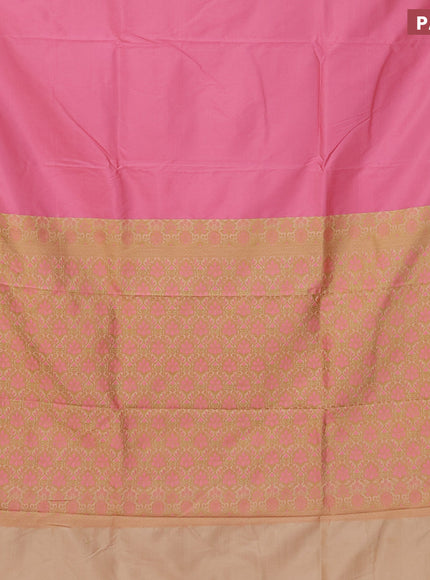 Semi banarasi katan saree pink and sandal with plain body and zari woven border